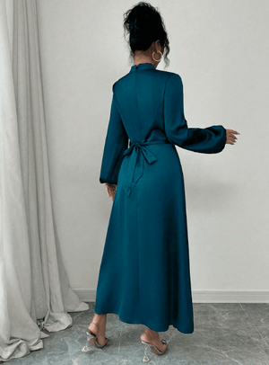 Women's Elegant Satin Shiny Ruched Drape Collar Long Sleeve Flared Dress - Negative Apparel