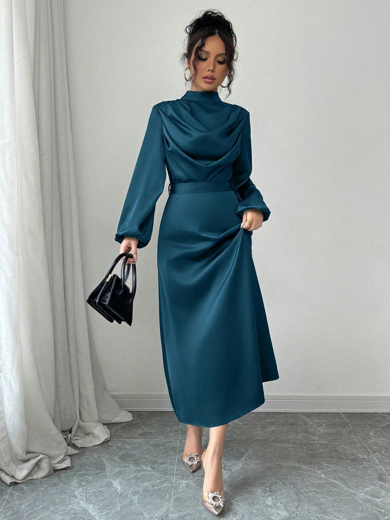 Women's Elegant Satin Shiny Ruched Drape Collar Long Sleeve Flared Dress - 2 (XS) / Teal Blue Women's Elegant Satin Shiny Ruched Drape Collar Long Sleeve Flared Dress - 2 (XS) / Teal Blue