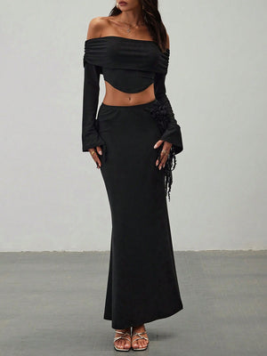 Women's Elegant Sexy Asymmetrical Top And Low Waist Bodycon Skirt Sets With 3D Flowers - Negative Apparel