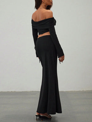 Women's Elegant Sexy Asymmetrical Top And Low Waist Bodycon Skirt Sets With 3D Flowers - Negative Apparel