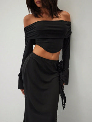 Women's Elegant Sexy Asymmetrical Top And Low Waist Bodycon Skirt Sets With 3D Flowers - Negative Apparel