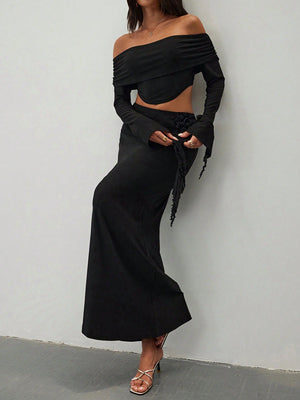 Women's Elegant Sexy Asymmetrical Top And Low Waist Bodycon Skirt Sets With 3D Flowers - Negative Apparel