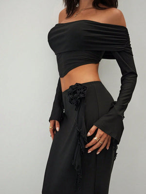 Women's Elegant Sexy Asymmetrical Top And Low Waist Bodycon Skirt Sets With 3D Flowers - Negative Apparel