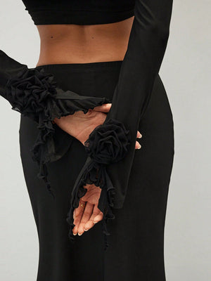 Women's Elegant Sexy Asymmetrical Top And Low Waist Bodycon Skirt Sets With 3D Flowers - Negative Apparel