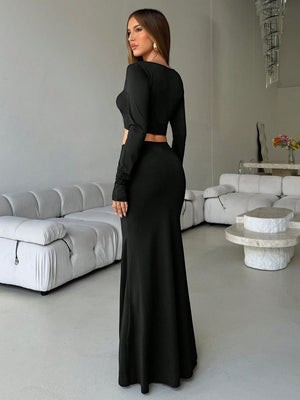 Women's Elegant Sexy Black Deep V Fitted Metallic Flower Long Sleeve Tops And Ultra Low Waist Fitted Extra Long Mermaid Skirt 2 Piece Set - Negative Apparel