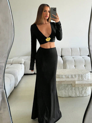 Women's Elegant Sexy Black Deep V Fitted Metallic Flower Long Sleeve Tops And Ultra Low Waist Fitted Extra Long Mermaid Skirt 2 Piece Set - Negative Apparel