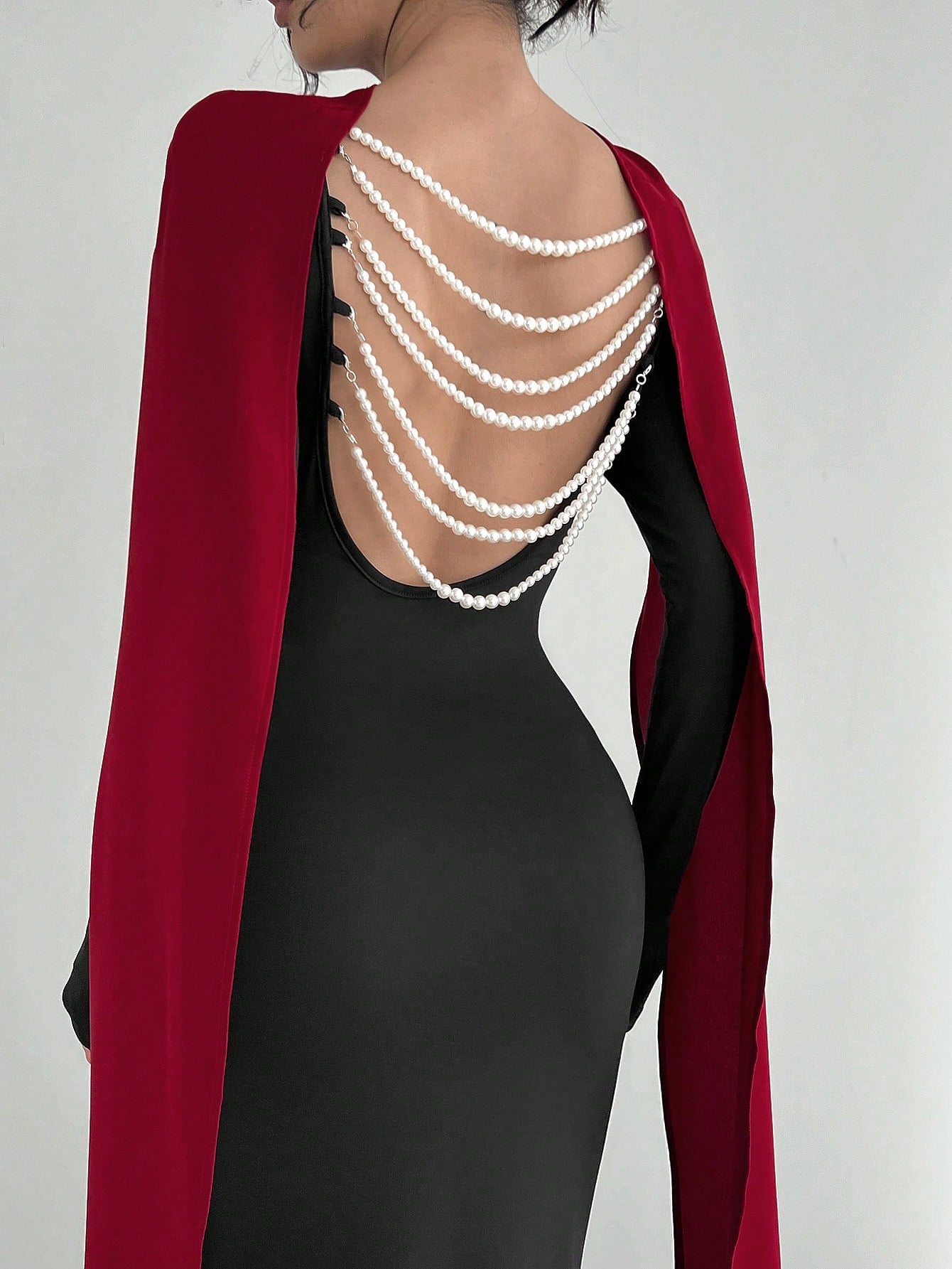 Women's Elegant Sexy Open Back Pearl Embellished Slim Fit Dress - Negative Apparel