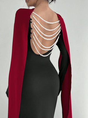 Women's Elegant Sexy Open Back Pearl Embellished Slim Fit Dress - Negative Apparel