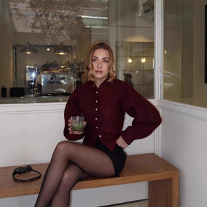 Women’s Elegant Short Polyester Jacket | Crew Neck Long Sleeve Spring Outerwear – Solid Color - Negative Apparel