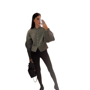 Women’s Elegant Short Polyester Jacket | Crew Neck Long Sleeve Spring Outerwear – Solid Color - Negative Apparel