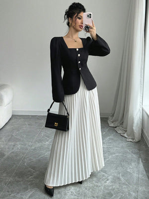 Women's Elegant Square Collar Puff Sleeve Blouse And Pleated A - Line Skirt 2 Piece Set, Black/White - Negative Apparel