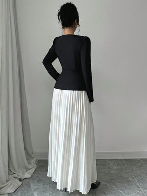 Women's Elegant Square Collar Puff Sleeve Blouse And Pleated A - Line Skirt 2 Piece Set, Black/White - Negative Apparel