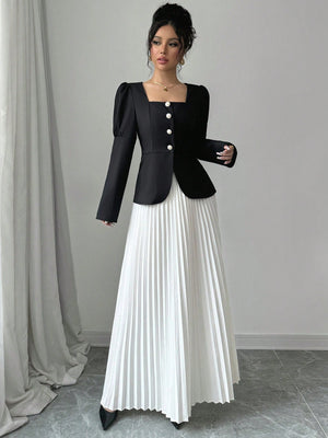 Women's Elegant Square Collar Puff Sleeve Blouse And Pleated A - Line Skirt 2 Piece Set, Black/White - Negative Apparel