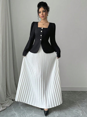 Women's Elegant Square Collar Puff Sleeve Blouse And Pleated A - Line Skirt 2 Piece Set, Black/White - Negative Apparel