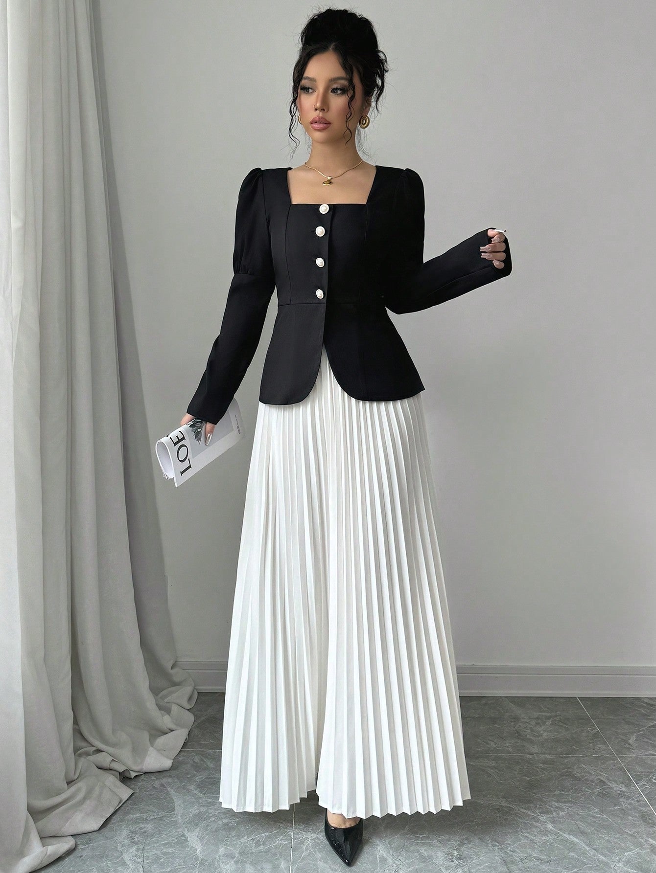 Women's Elegant Square Collar Puff Sleeve Blouse And Pleated A - Line Skirt 2 Piece Set, Black/White - Negative Apparel