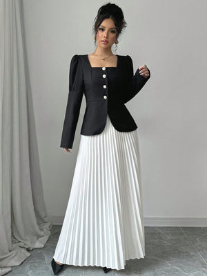 Women's Elegant Square Collar Puff Sleeve Blouse And Pleated A - Line Skirt 2 Piece Set, Black/White - Negative Apparel
