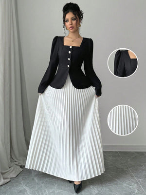 Women's Elegant Square Collar Puff Sleeve Blouse And Pleated A - Line Skirt 2 Piece Set, Black/White - Negative Apparel