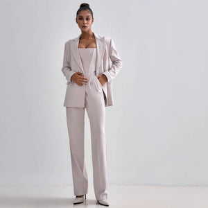 Women’s Elegant Two - Piece Pants Suit – Long Sleeve Polyester Casual Set in Grey or Pink | Temperament Commuter Style - Negative Apparel
