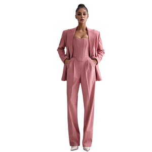 Women’s Elegant Two - Piece Pants Suit – Long Sleeve Polyester Casual Set in Grey or Pink | Temperament Commuter Style - Negative Apparel