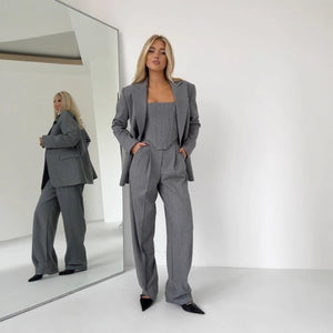 Women’s Elegant Two - Piece Pants Suit – Long Sleeve Polyester Casual Set in Grey or Pink | Temperament Commuter Style - Negative Apparel
