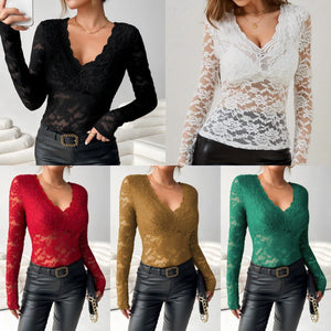Women's elegant V - neck scalloped collar edge long - sleeved slim - fitting slim pullover lace top - Negative Apparel
