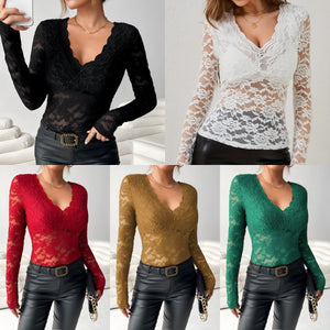Women's elegant V - neck scalloped collar edge solid color long - sleeved slim - fitting slim pullover lace top - Negative Apparel