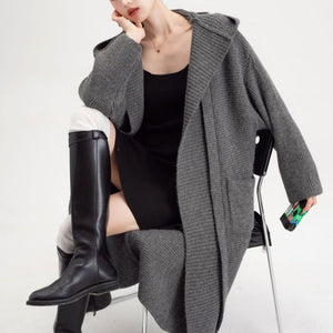 Women’s Extra - Thick Hooded Knit Cardigan | Korean Loose Fit Wool Blend Long Sweater Coat for Autumn & Winter - Negative Apparel