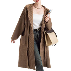Women’s Extra - Thick Hooded Knit Cardigan | Korean Loose Fit Wool Blend Long Sweater Coat for Autumn & Winter - Negative Apparel