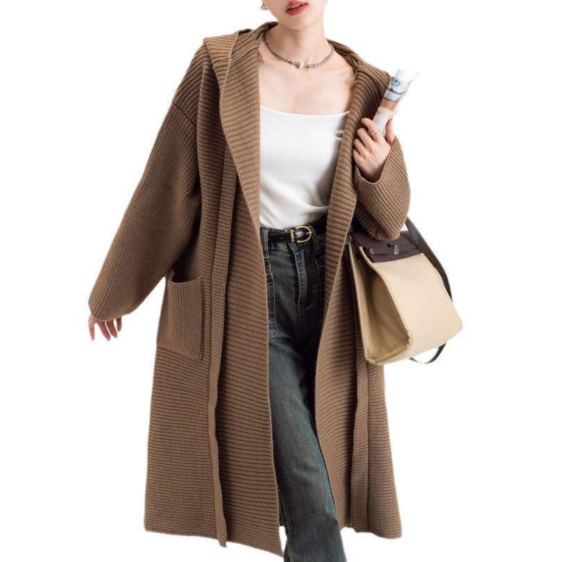 Women’s Extra - Thick Hooded Knit Cardigan | Korean Loose Fit Wool Blend Long Sweater Coat for Autumn & Winter - Negative Apparel