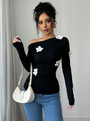 Women's Fashion Floral Print Asymmetrical Shoulder Long Sleeve Tight T-Shirt Graphic Tees Women Tops FD - Negative Apparel