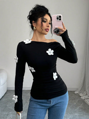 Women's Fashion Floral Print Asymmetrical Shoulder Long Sleeve Tight T-Shirt Graphic Tees Women Tops FD - Negative Apparel
