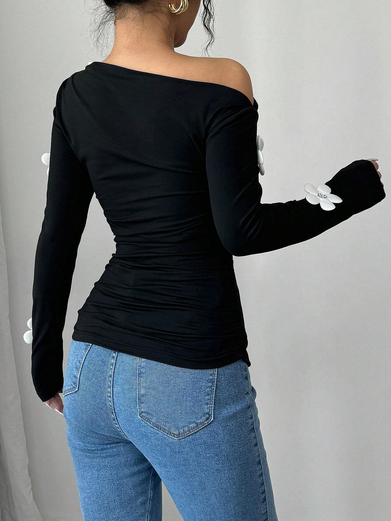 Women's Fashion Floral Print Asymmetrical Shoulder Long Sleeve Tight T-Shirt Graphic Tees Women Tops FD - Negative Apparel