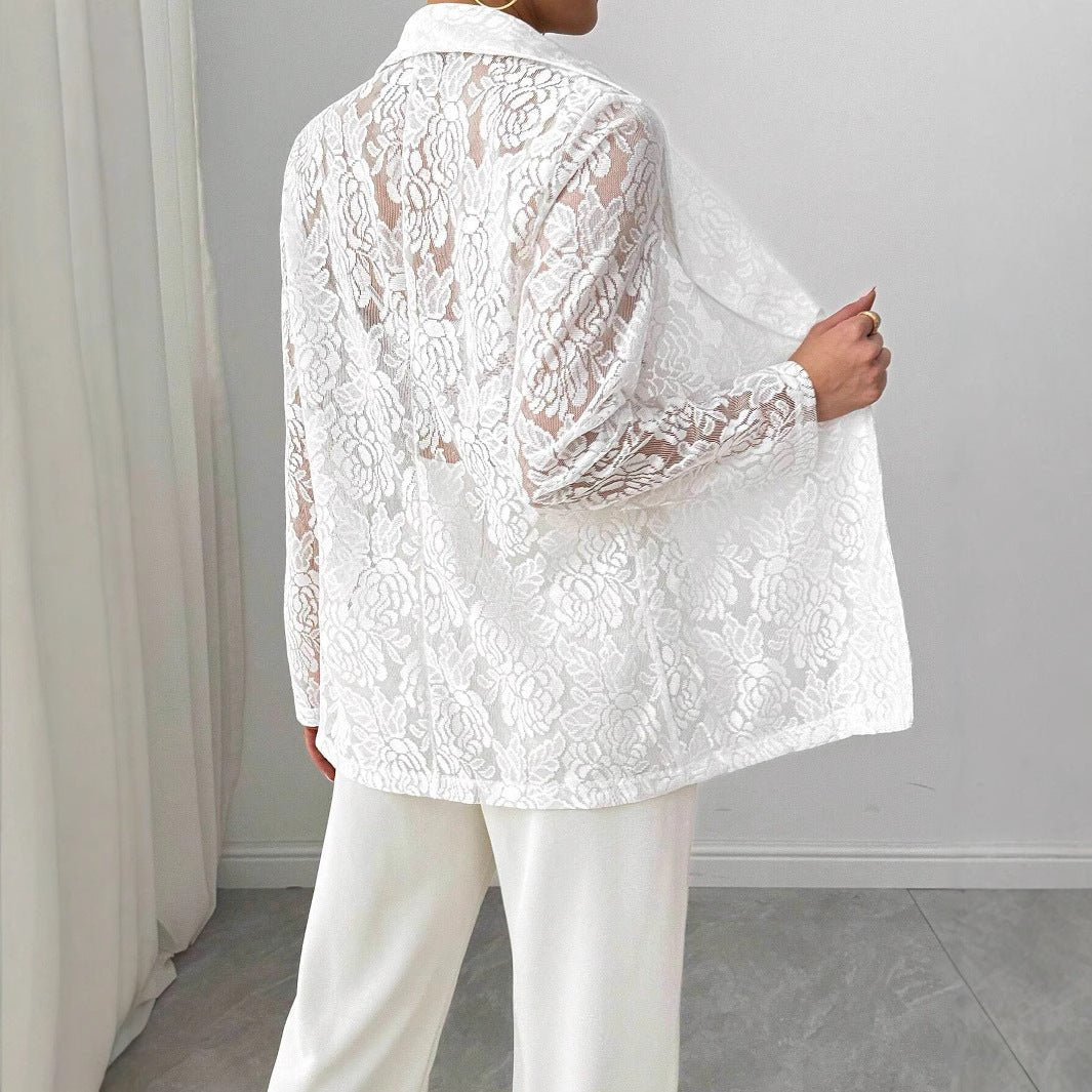 Women's fashion lace embroidery white casual new blazer - Negative Apparel
