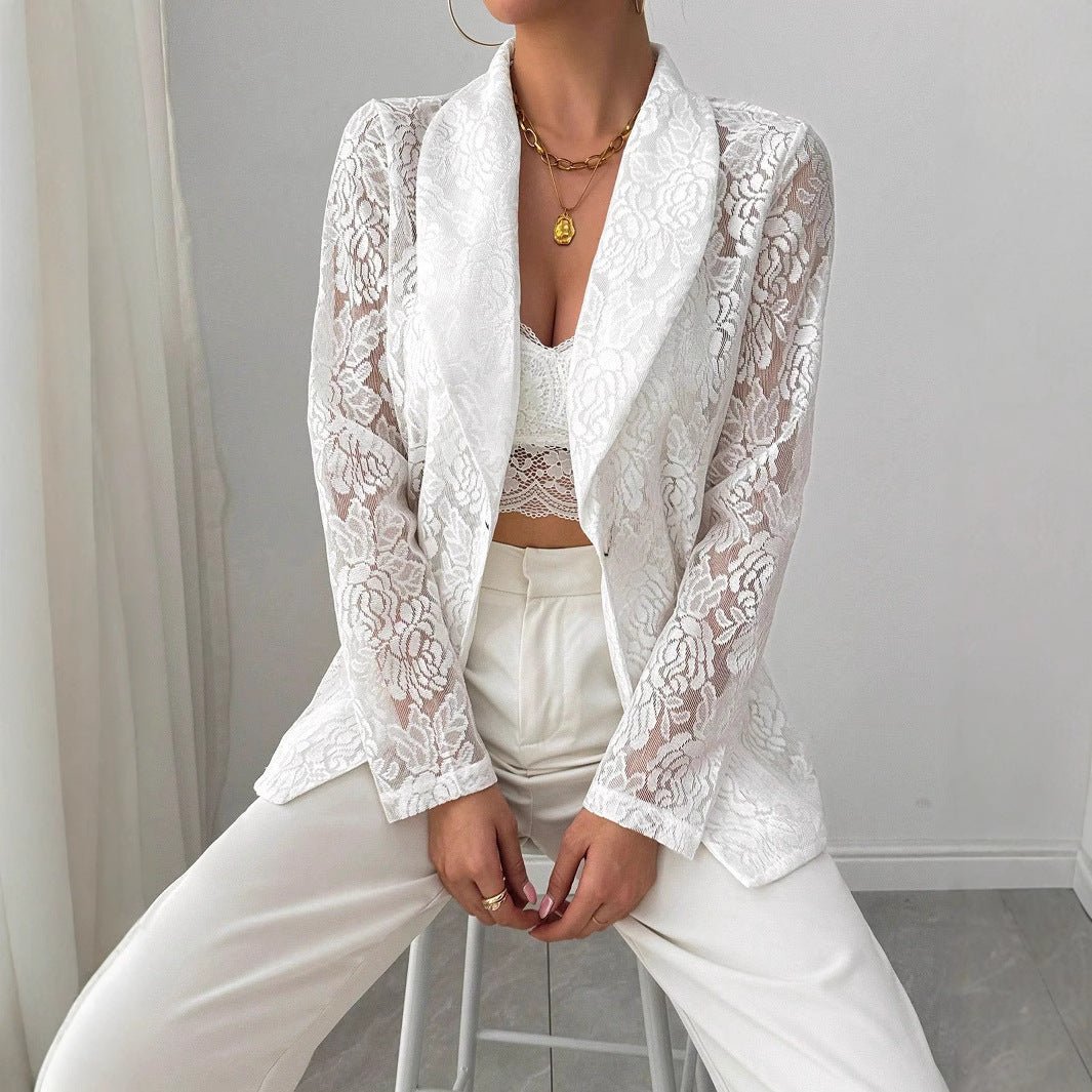 Women's fashion lace embroidery white casual new blazer - Negative Apparel