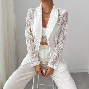 Women's fashion lace embroidery white casual new blazer - Negative Apparel
