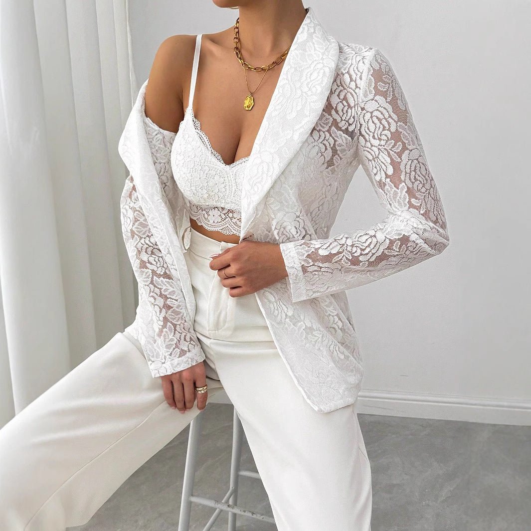 Women's fashion lace embroidery white casual new blazer - Negative Apparel