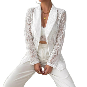 Women's fashion lace embroidery white casual new blazer - Negative Apparel