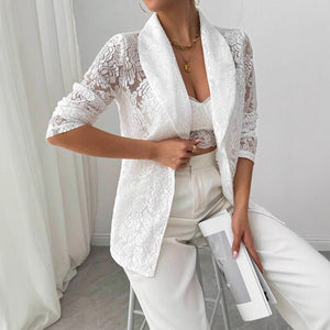 Women's fashion lace embroidery white casual new blazer - Negative Apparel