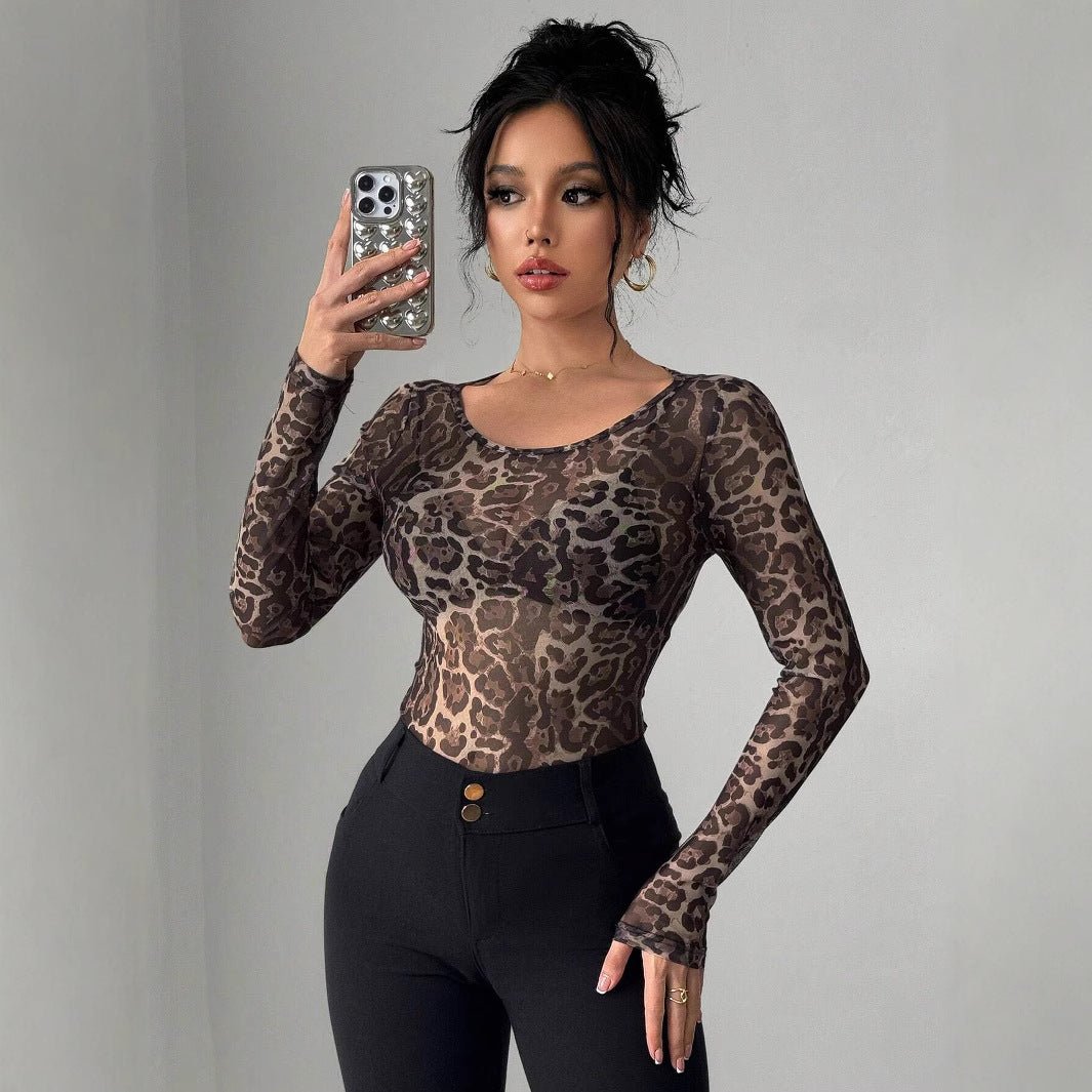 Women's Fashion Transparent Leopard Print Mesh Crew Neck Long Sleeve Slim T-Shirt - Negative Apparel