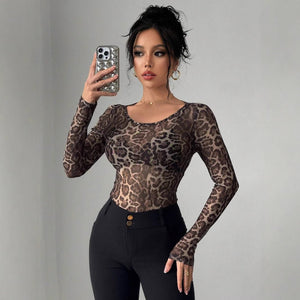 Women's Fashion Transparent Leopard Print Mesh Crew Neck Long Sleeve Slim T-Shirt - Negative Apparel