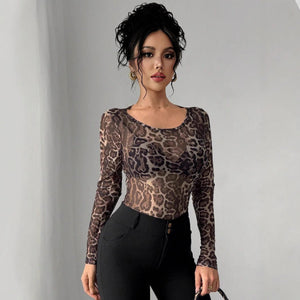 Women's Fashion Transparent Leopard Print Mesh Crew Neck Long Sleeve Slim T-Shirt - Negative Apparel