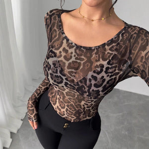 Women's Fashion Transparent Leopard Print Mesh Crew Neck Long Sleeve Slim T-Shirt - Negative Apparel