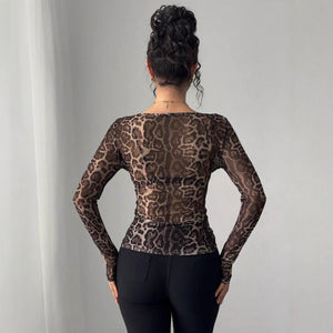 Women's Fashion Transparent Leopard Print Mesh Crew Neck Long Sleeve Slim T-Shirt - Negative Apparel