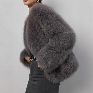 Women’s Faux Fur V - Neck Jacket – Short Fluffy Plush Coat, Fashion Fox Fur Style, Elegant Autumn Winter Outerwear - Negative Apparel