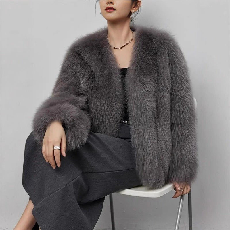Women’s Faux Fur V - Neck Jacket – Short Fluffy Plush Coat, Fashion Fox Fur Style, Elegant Autumn Winter Outerwear - Negative Apparel