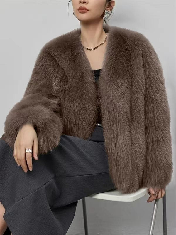 Women’s Faux Fur V - Neck Jacket – Short Fluffy Plush Coat, Fashion Fox Fur Style, Elegant Autumn Winter Outerwear - Negative Apparel