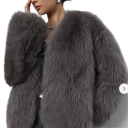 Women’s Faux Fur V - Neck Jacket – Short Fluffy Plush Coat, Fashion Fox Fur Style, Elegant Autumn Winter Outerwear - Negative Apparel