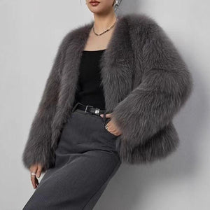 Women’s Faux Fur V - Neck Jacket – Short Fluffy Plush Coat, Fashion Fox Fur Style, Elegant Autumn Winter Outerwear - Negative Apparel