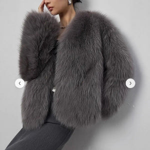 Women’s Faux Fur V - Neck Jacket – Short Fluffy Plush Coat, Fashion Fox Fur Style, Elegant Autumn Winter Outerwear - Negative Apparel