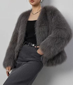 Women’s Faux Fur V - Neck Jacket – Short Fluffy Plush Coat, Fashion Fox Fur Style, Elegant Autumn Winter Outerwear - Negative Apparel